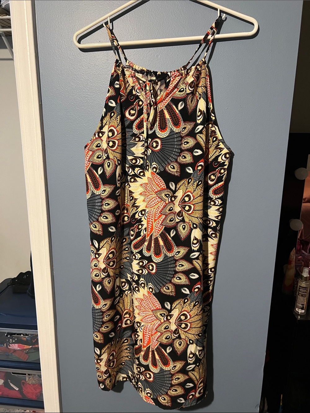 SHEIN Black Floral Paisley Halter Sundress with Cream & Orange Accents
